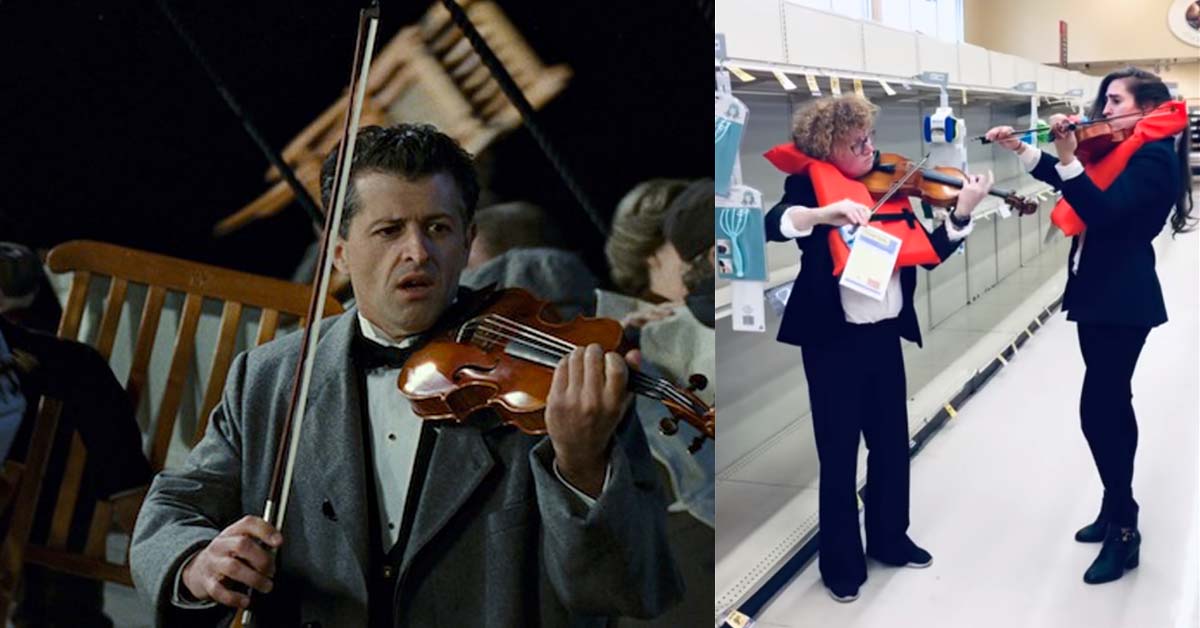 Violiniste suonano davanti agli scaffali vuoti del supermarket come se fossero sul Titanic che affonda