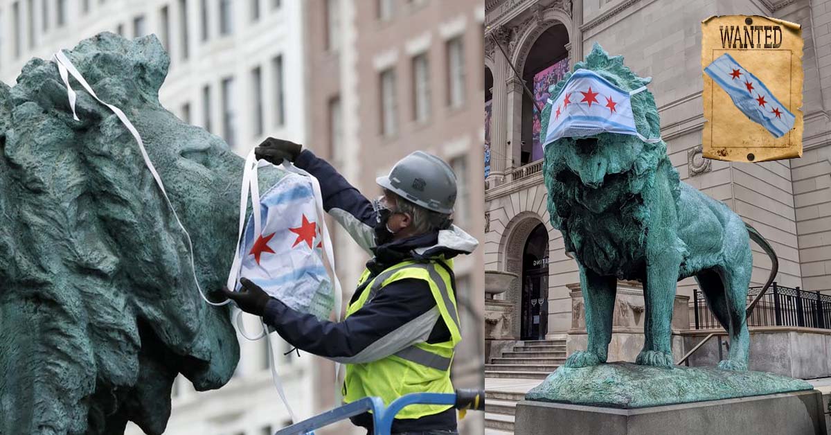 Mano ignota sottrae la maschera al leone di pietra del Chicago Art Institute
