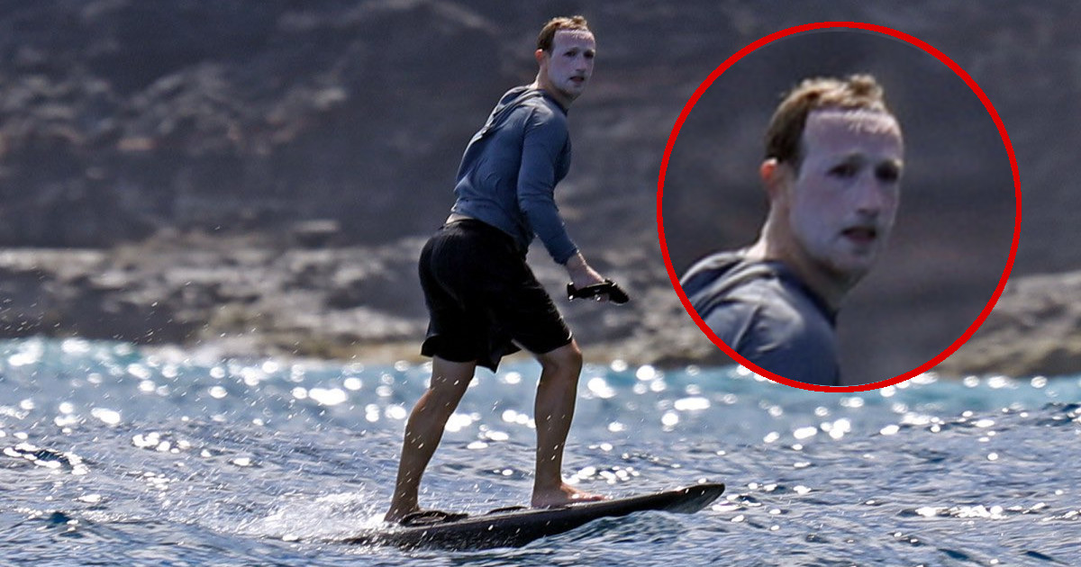 Mark Zuckerberg fa surf con una “maschera” di protezione solare: Twitter si scatena