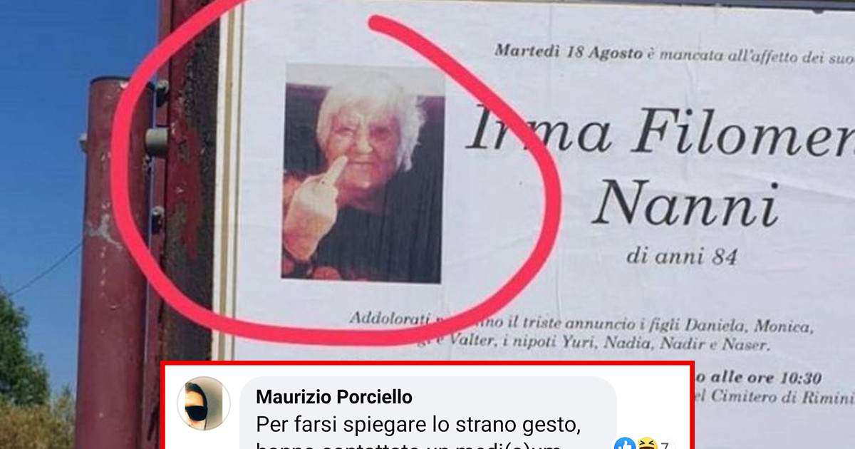Rimini: manifesto funebre mostra la defunta con il dito medio alzato [+COMMENTI]