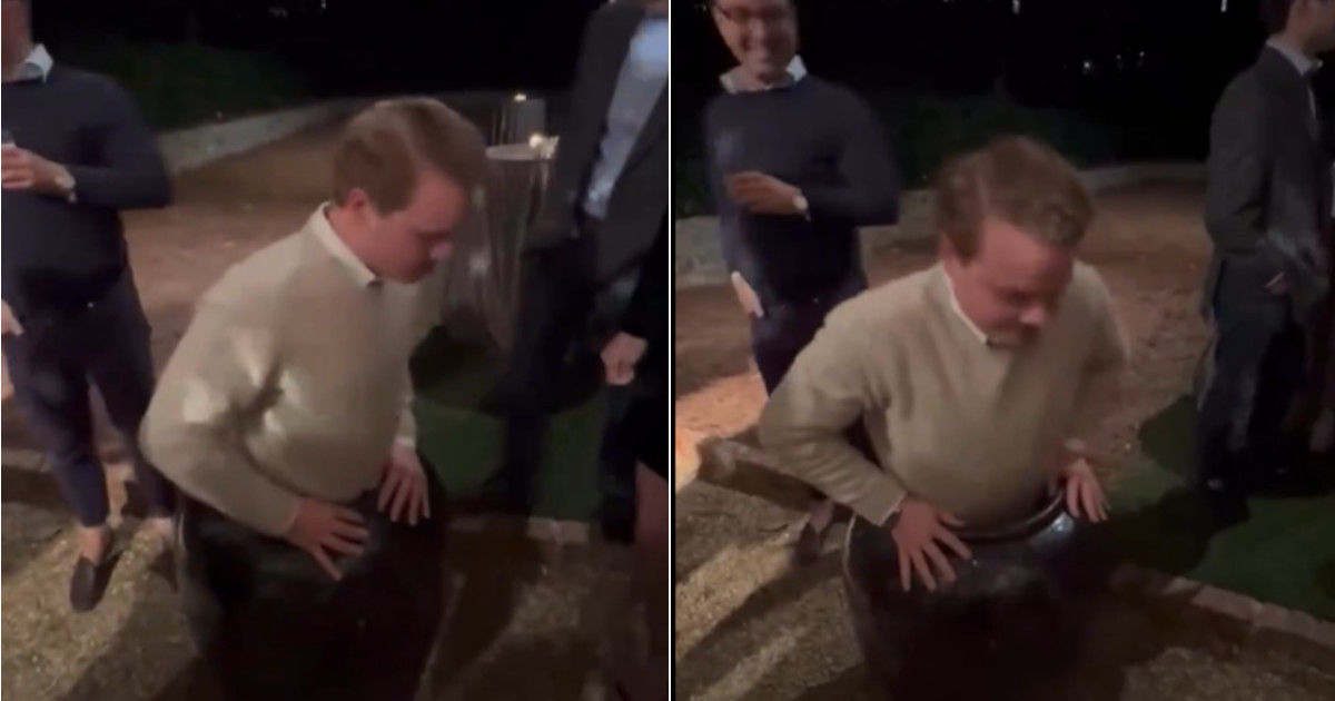 Rimane incastrato in un grande vaso a una festa: com’è riuscito a liberarsi [+VIDEO]