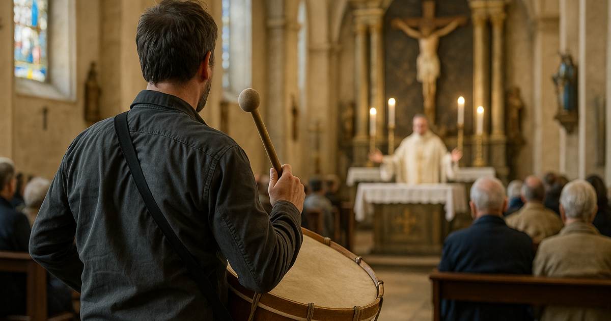 Disturbato dalle campane, entra in chiesa durante la messa e si mette a suonare il tamburo